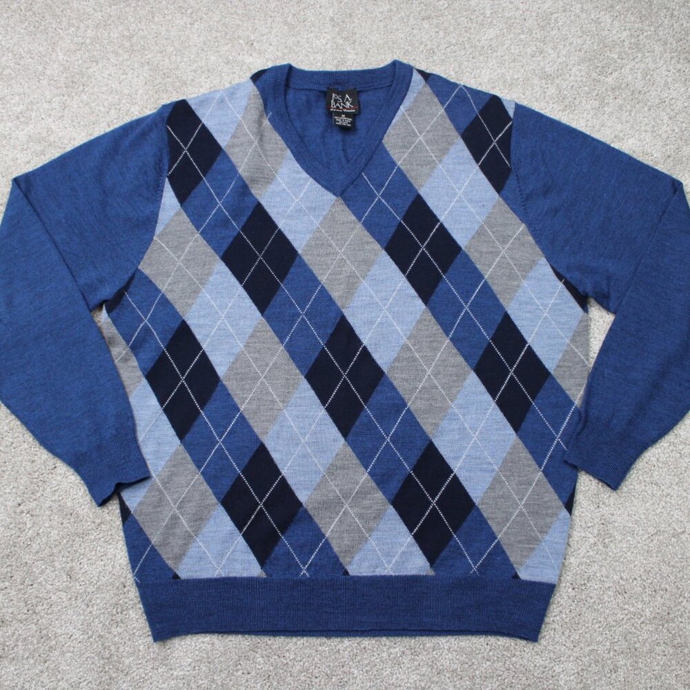 Jos.‎ A. Bank Sweater Mens Medium Blue Argyle 100% Merino Wool V-Neck Pullover